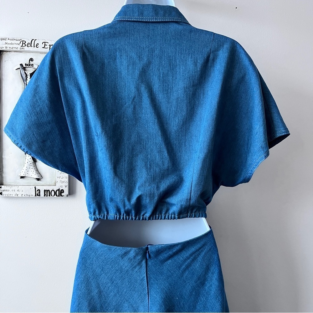 NWT AKRIS PUNTO Minimalist Washed Denim Midi Dress Cutout Kimono Sleeves Size 8 - Picture 8 of 14